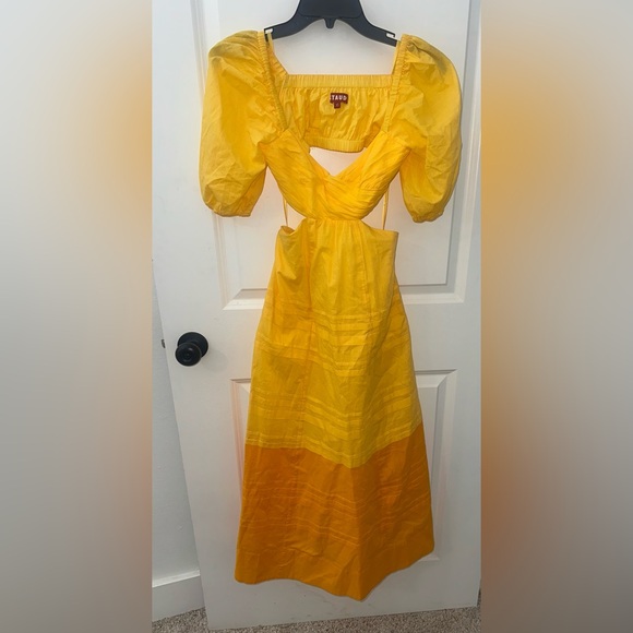 STAUD Carina Gold/Yellow Puff Sleeve Cutout Midi Dress Size XS - Picture 3 of 7